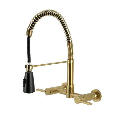 Kingston Brass Continental Double-Handle Wall-Mount Pre-Rinse Bridge Kitchen Faucet, Brushed Brass - GS8287CTL Buy Today