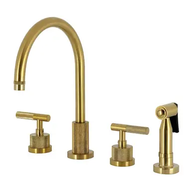 Handmade Kingston Brass Convergent Double-Handle Widespread Kitchen Faucet with Knurled Handle and Brass Sprayer, Brushed Brass - KS8727KNLBS